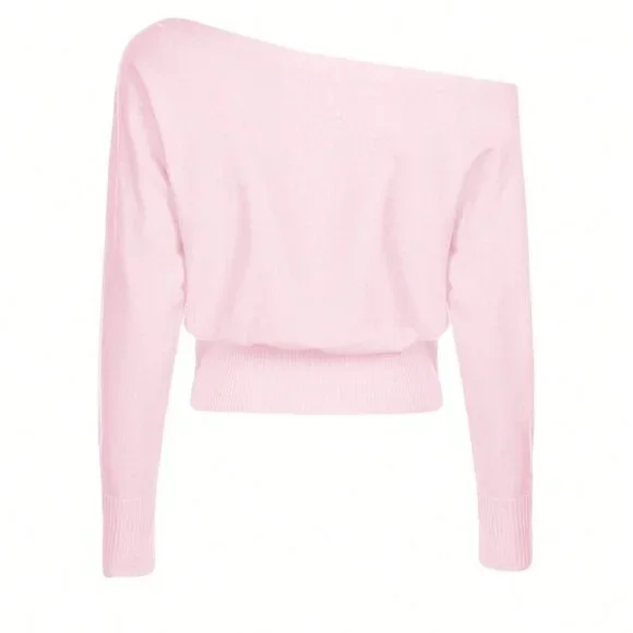 Pink Casual Women's Asymmetric Shoulder Sweater - Picture 5 of 8